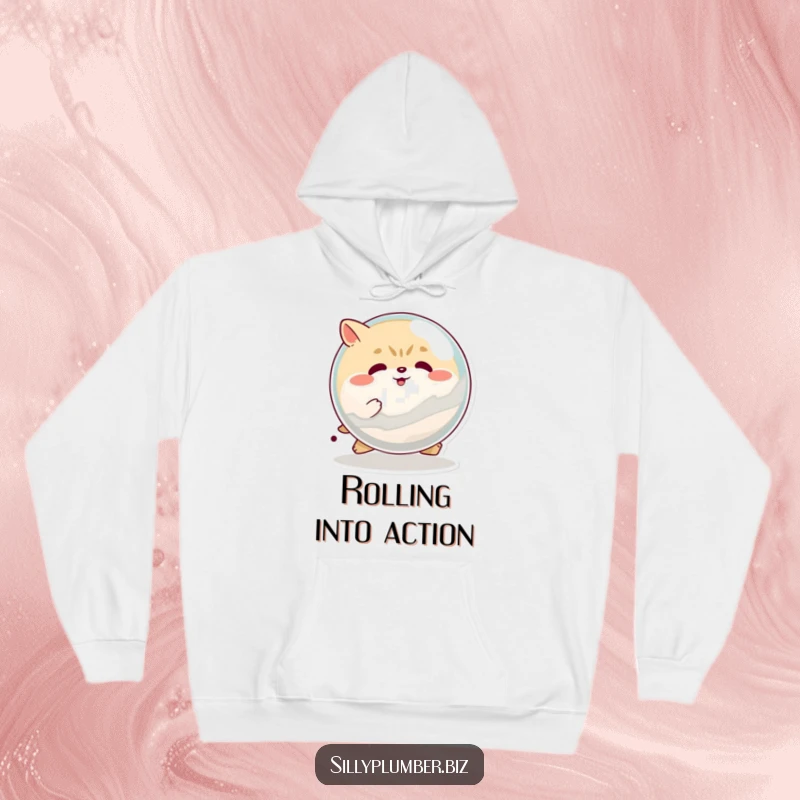 Funny hoodie with a determined, round animal character pushing a giant marble, offering warmth and a humorous symbol of perseverance.