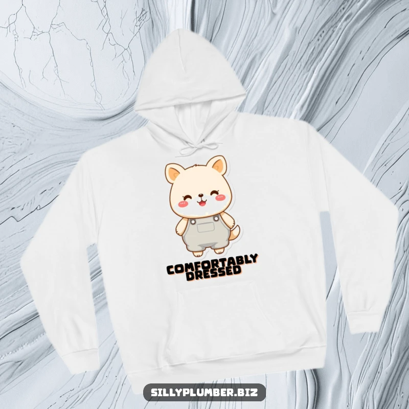 Funny hoodie with a cheerful, round animal character wearing oversized overalls, designed for ultimate comfort and a dose of adorable humor.