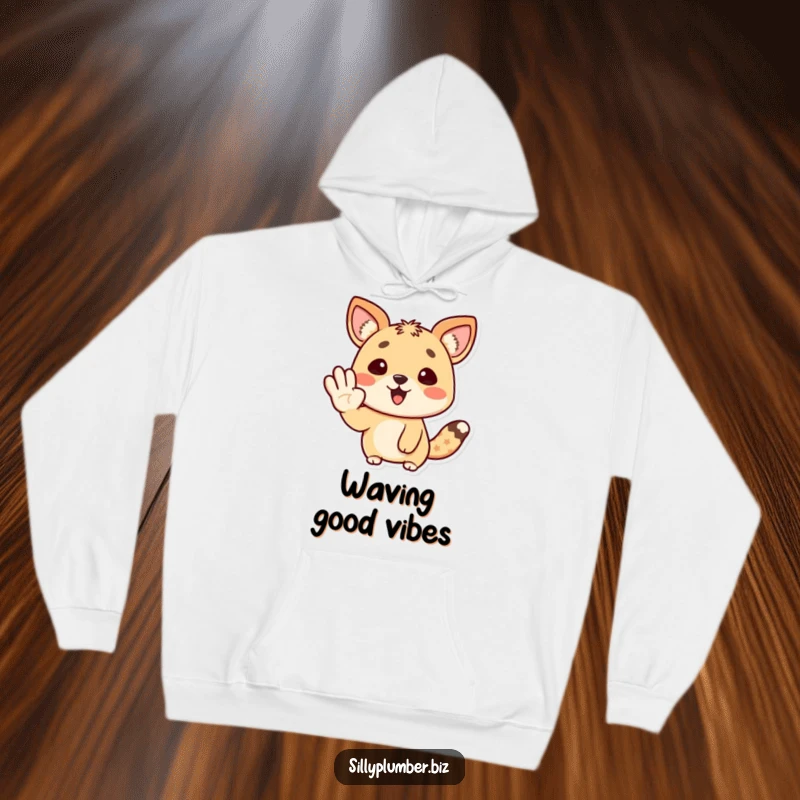 Funny Hoodie featuring a happy animal character giving a friendly and cheerful wave with its paw, spreading good vibes.