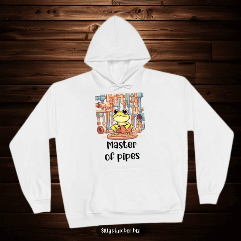 Funny Hoodie with a frog holding a toolbox, happily surveying intricate pipe systems.