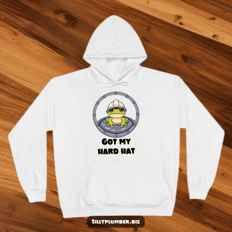 Funny Hoodie showcasing a frog in a hard hat peeking from a manhole, ready for construction.