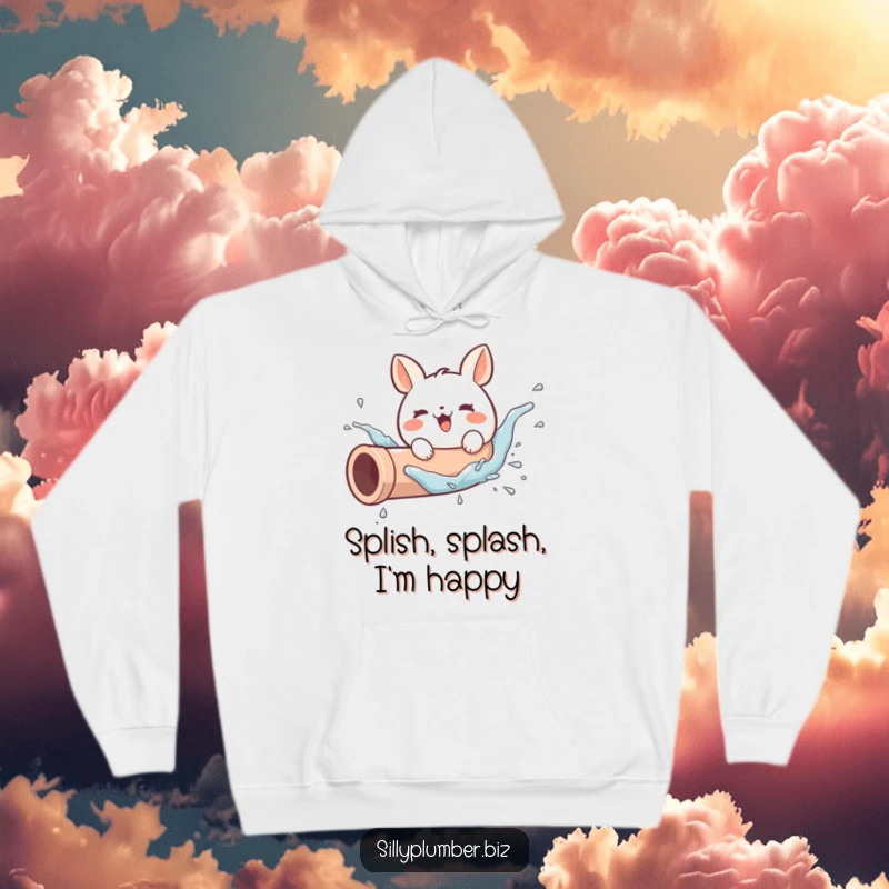 Funny hoodie with a cute, round animal character joyfully splashing in a pipe, designed for ultimate comfort and a good dose of humor.