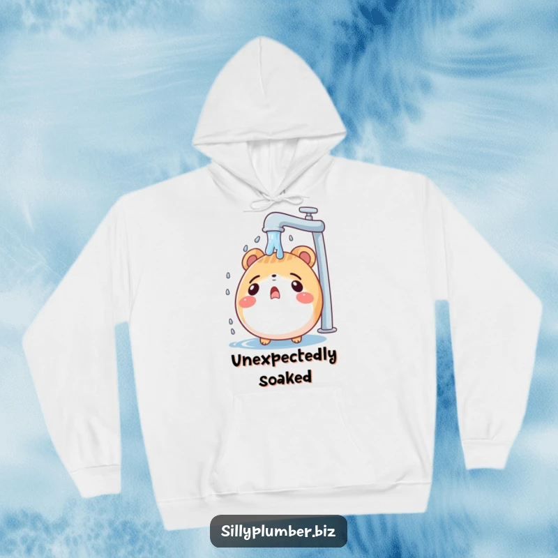 Funny hoodie showing a surprised, round animal character under a leaky faucet, offering warmth and a humorous, water-themed design.