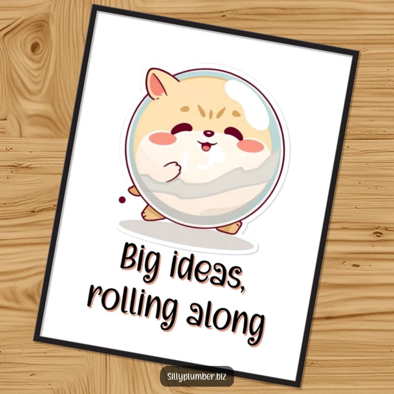 Funny Free Printable Wall Art: A determined, round animal character with great effort pushing a giant marble, symbolizing perseverance.