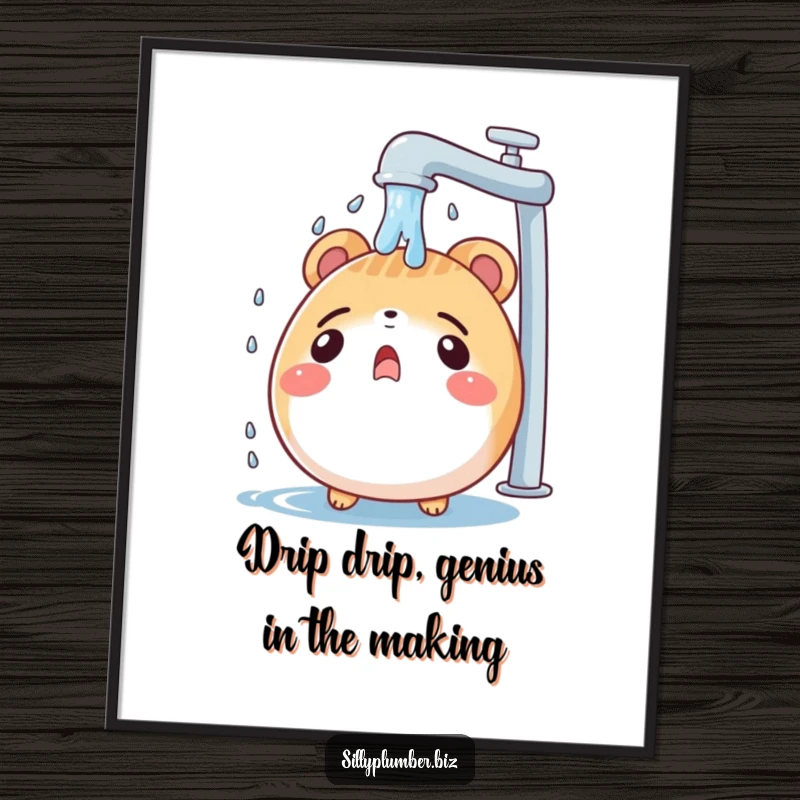 Funny Free Printable Wall Art: A surprised, round animal character comically getting showered by a leaky faucet, adding whimsy.