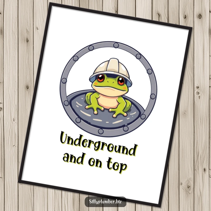 Funny Free Printable Wall Art featuring a frog in a hard hat, peeking out from a manhole cover, adding a touch of construction humor.