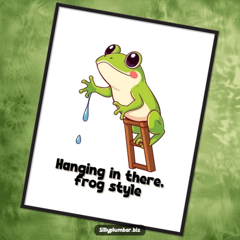 Funny Free Printable Wall Art of a frog comically stuck on a ladder, reaching for a tiny drip, adding a humorous touch to any room.