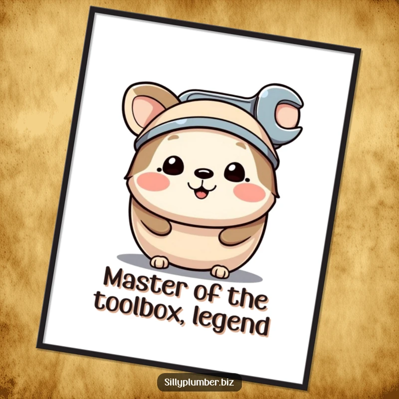 Funny Free Printable Wall Art: A happy, round animal character proudly wearing a tiny wrench as a hat, exuding cheerful industriousness.