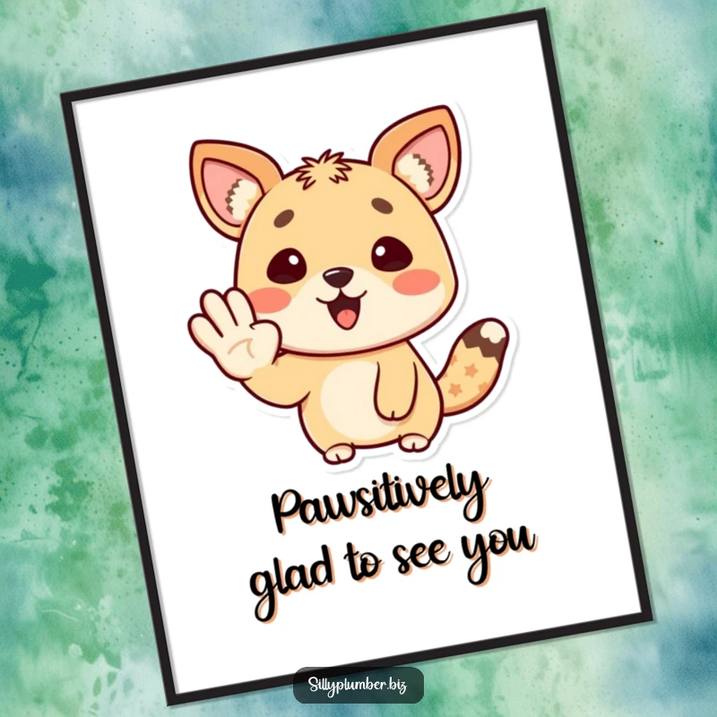 Funny Free Printable Wall Art of a happy animal character giving a cheerful wave with its paw.