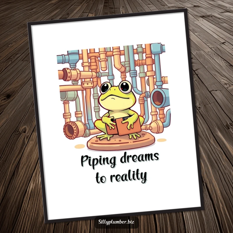 Funny Free Printable Wall Art featuring a frog with a toolbox, happily surveying a complex network of pipes, adding a humorous, industrious touch.