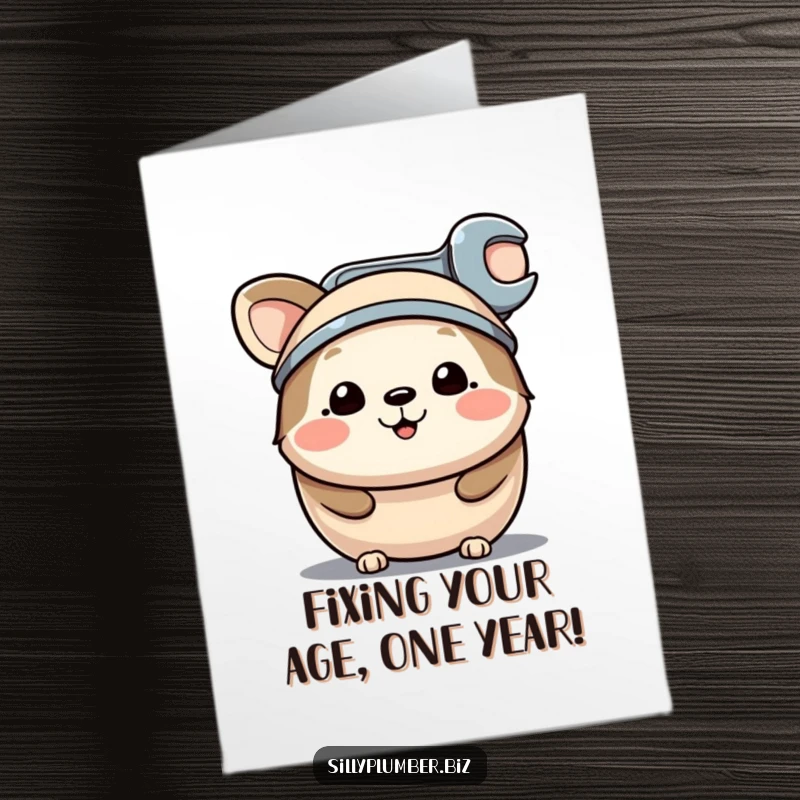 Funny Free Printable Birthday Card: Happy round animal proudly wearing a tiny wrench as a hat, ready to fix the celebration.