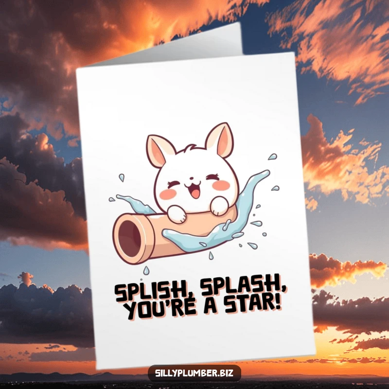 Funny Free Printable Birthday Card: Cute round animal gleefully splashing in a pipe, spreading watery joy for a happy celebration.