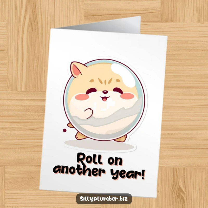 Funny Free Printable Birthday Card: Determined round animal with immense effort pushing a giant marble, symbolizing unstoppable birthday wishes.