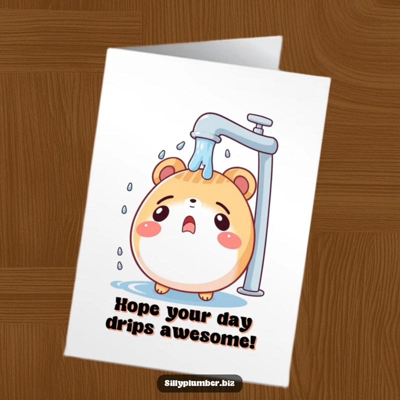 Funny Free Printable Birthday Card: Surprised round animal getting unexpectedly showered by a leaky faucet, a comical birthday surprise.