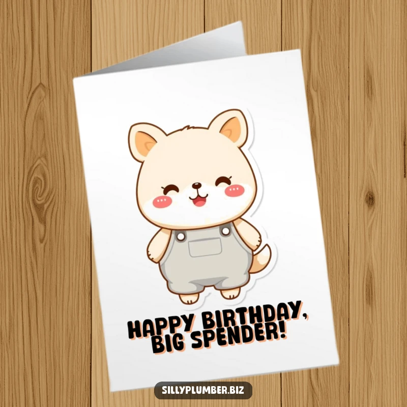 Funny Free Printable Birthday Card: Cheerful round animal in oversized overalls, ready to celebrate a happy and fun birthday.