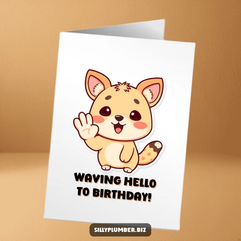 Funny Free Printable Birthday Card of a happy animal character giving a cheerful wave with its paw.