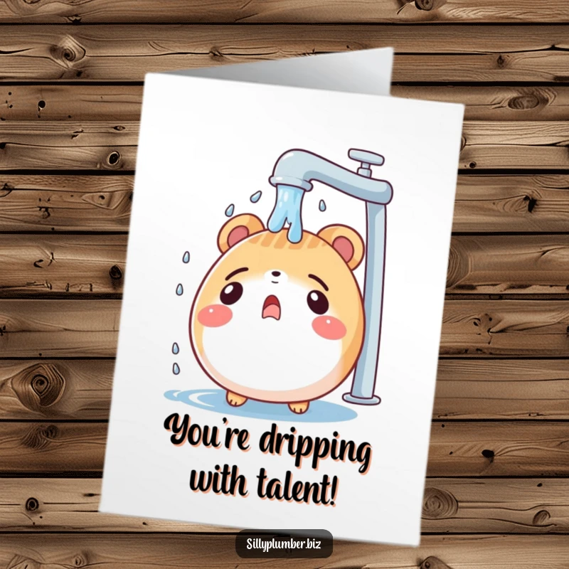 Free Printable Congratulations Card: A surprised round animal getting soaked by a leaky faucet, celebrating unexpected triumphs humorously.