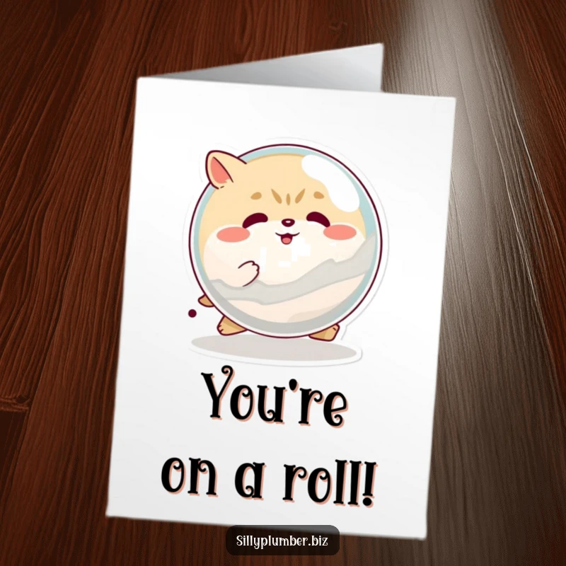 Free Printable Congratulations Card: Determined round animal heroically pushing a giant marble, celebrating a massive achievement.