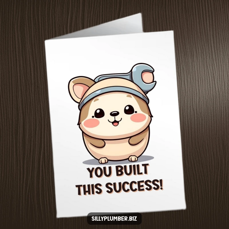 Free Printable Congratulations Card: Happy round animal sporting a tiny wrench hat, celebrating a successfully completed task.