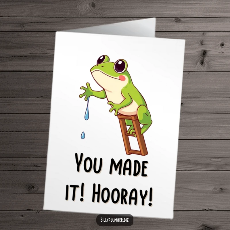 Funny Free Printable Congratulations Card featuring a frog comically stuck on a ladder, struggling to reach a single drip, adding humor to wins.