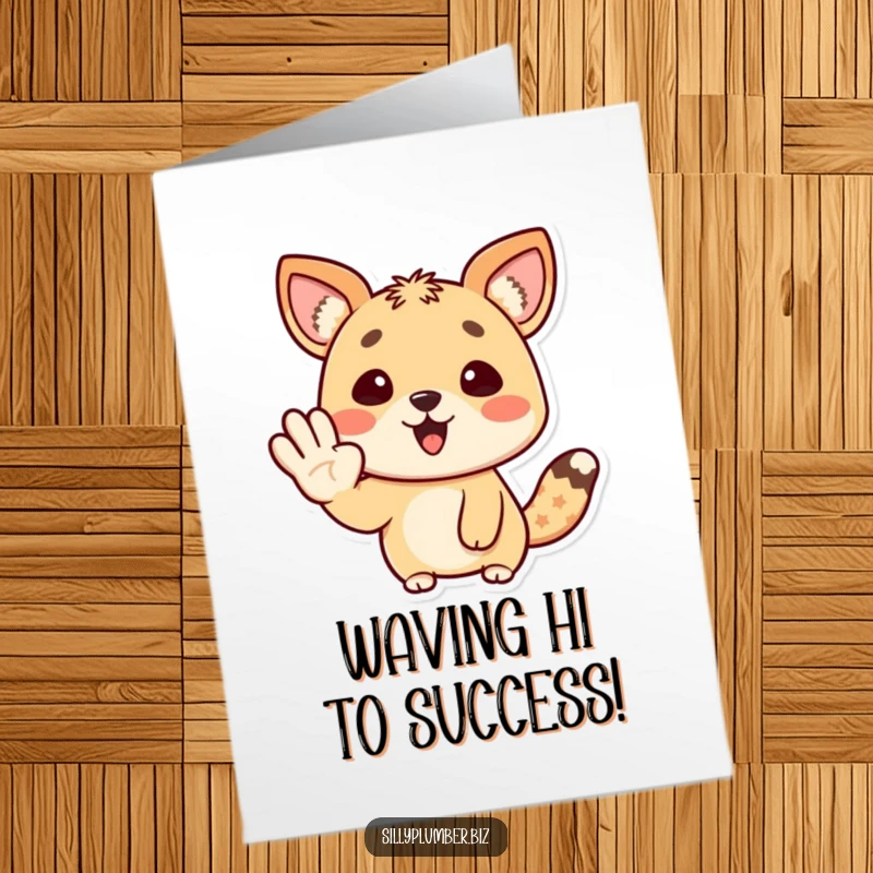 Funny Free Printable Congratulations Card showing a happy animal character giving a cheerful wave with its paw.