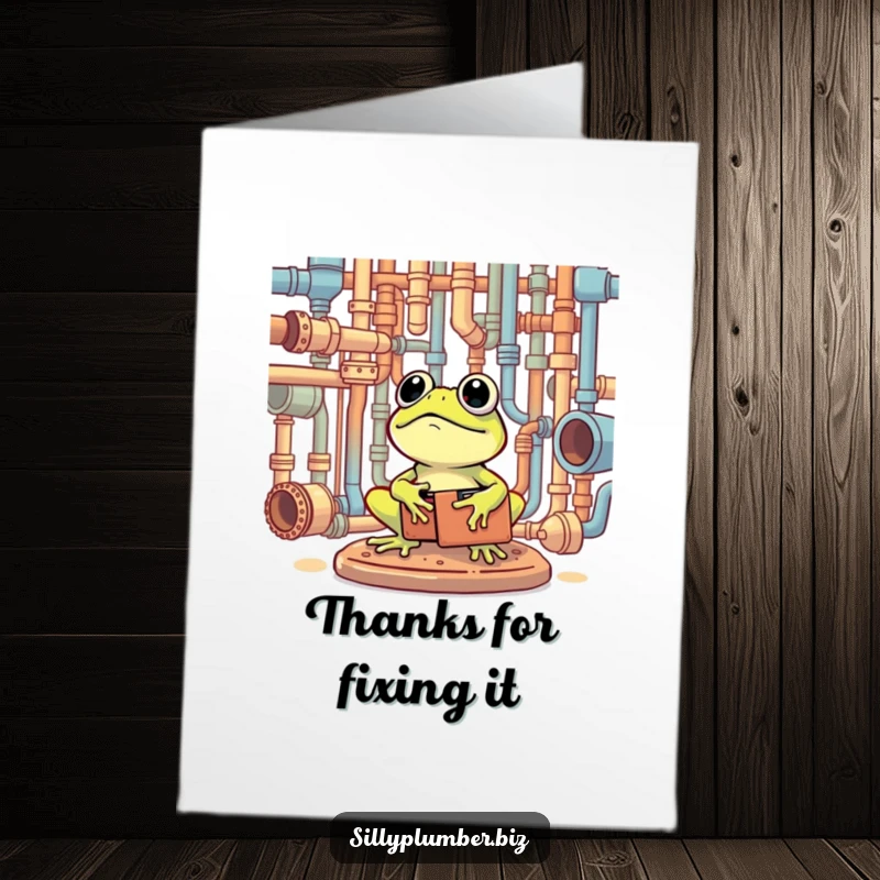 Funny Free Printable Thank You Card with a frog holding a toolbox, happily surveying a complex network of pipes, for a unique thank you.