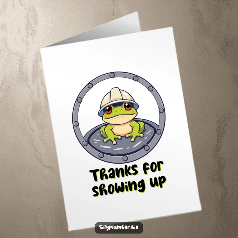 Funny Free Printable Thank You Card with a frog wearing a hard hat, peeking out from a manhole cover, offering a unique thank you.