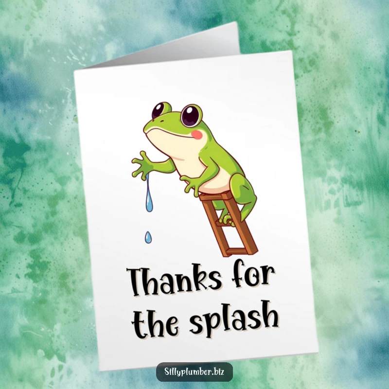 Funny Free Printable Thank You Card depicting a frog hilariously stuck on a ladder, reaching for a drip, for a unique expression of thanks.