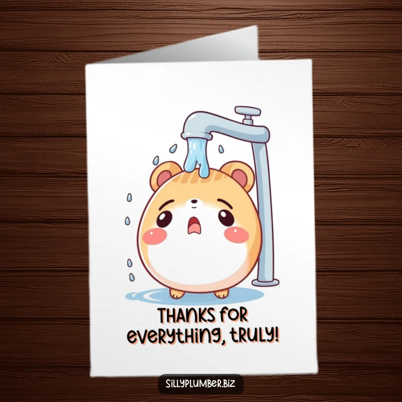 Funny Free Printable Thank You Card: Surprised round animal caught in a leaky faucet shower, a humorous way to express thanks.