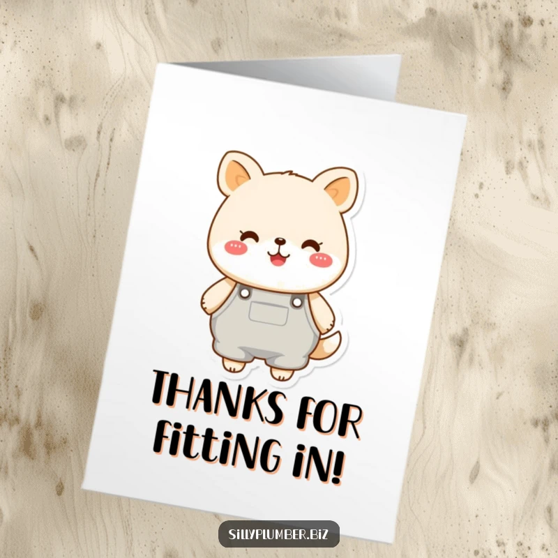 Funny Free Printable Thank You Card: Cheerful round animal in oversized overalls, offering thanks with a cozy and humorous vibe.