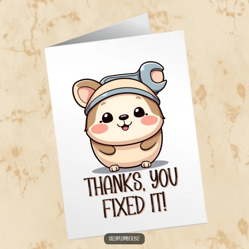 Funny Free Printable Thank You Card: A happy round animal wearing a tiny wrench hat, offering thanks with a DIY flair.