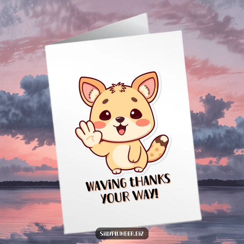 Funny Free Printable Thank You Card featuring a happy animal character giving a cheerful wave with its paw.