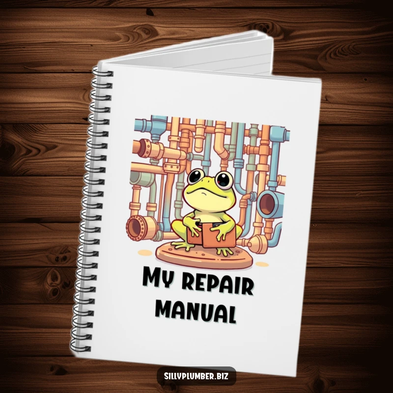 Funny Notebook showing a frog with a toolbox, happily surveying a complex network of pipes.