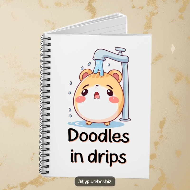 Funny notebook featuring a surprised, round animal character being showered by a leaky faucet, perfect for note-taking with a touch of comical surprise.