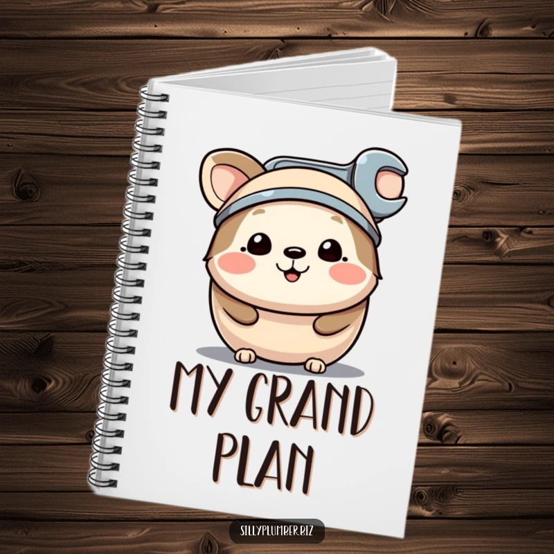 Funny notebook featuring a happy, round animal character wearing a small wrench as a hat, perfect for note-taking with a touch of ingenuity.