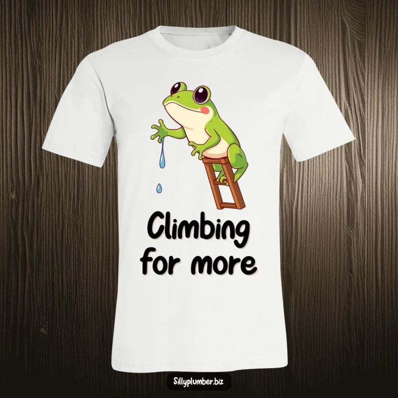 Funny T-Shirt of a frog comically stuck on a ladder, trying to reach a tiny water drip.