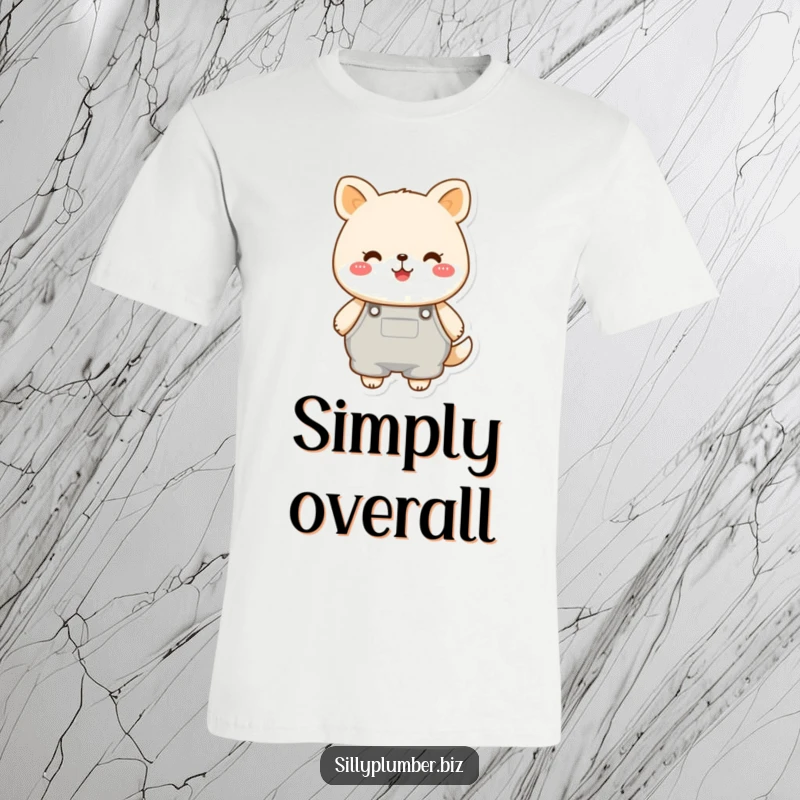 Funny t-shirt showcasing a cheerful, round animal character wearing oversized overalls, exuding a happy, playful, and slightly clumsy vibe.