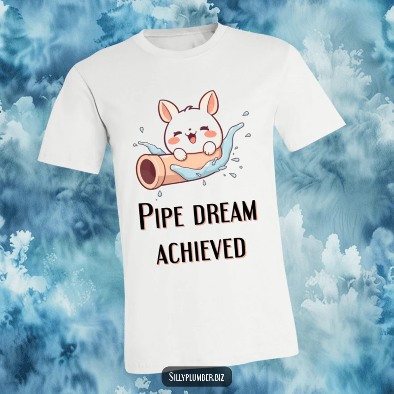 Funny t-shirt displaying a cute, round animal character joyfully splashing water while inside a pipe, exuding exuberant fun and playful energy.