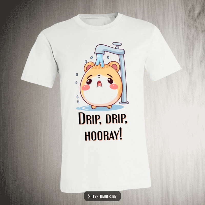 Funny t-shirt depicting a surprised, round animal character being showered by drips from a leaky faucet, capturing a moment of comical astonishment.