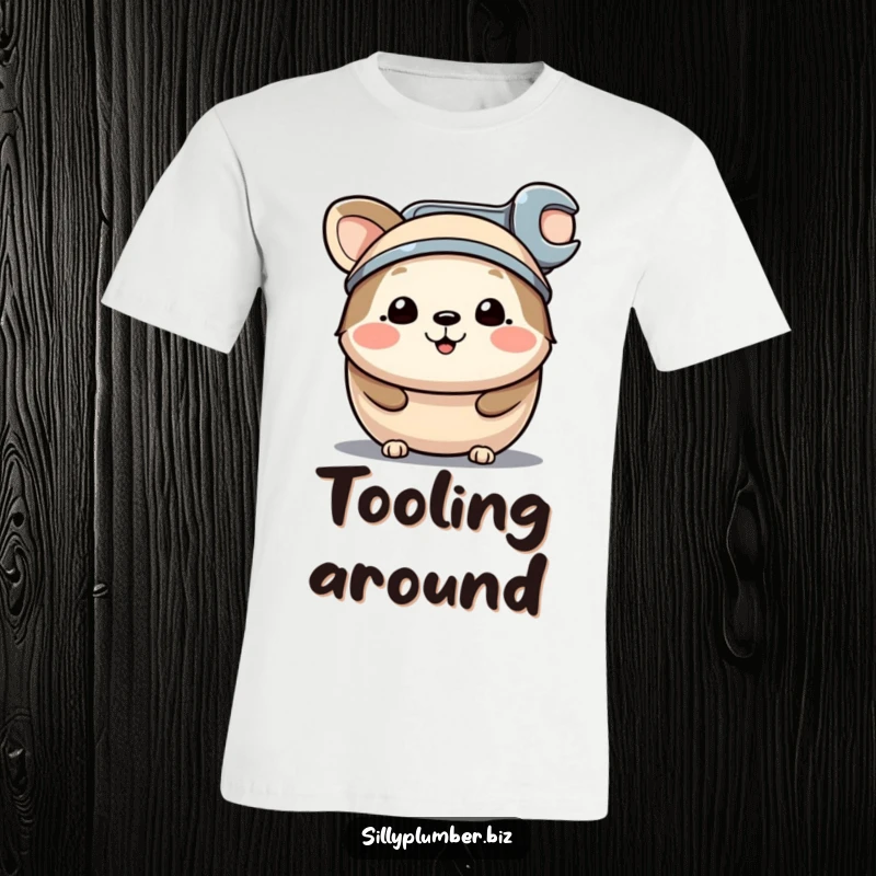 Funny t-shirt showcasing a happy, round animal character sporting a tiny wrench as a hat, exuding a cheerful and handy vibe.
