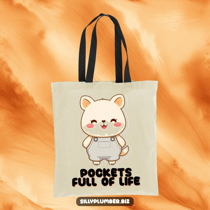 Funny tote bag featuring a cheerful, round animal character wearing oversized overalls, ideal for carrying items with a cute, fashion-forward flair.