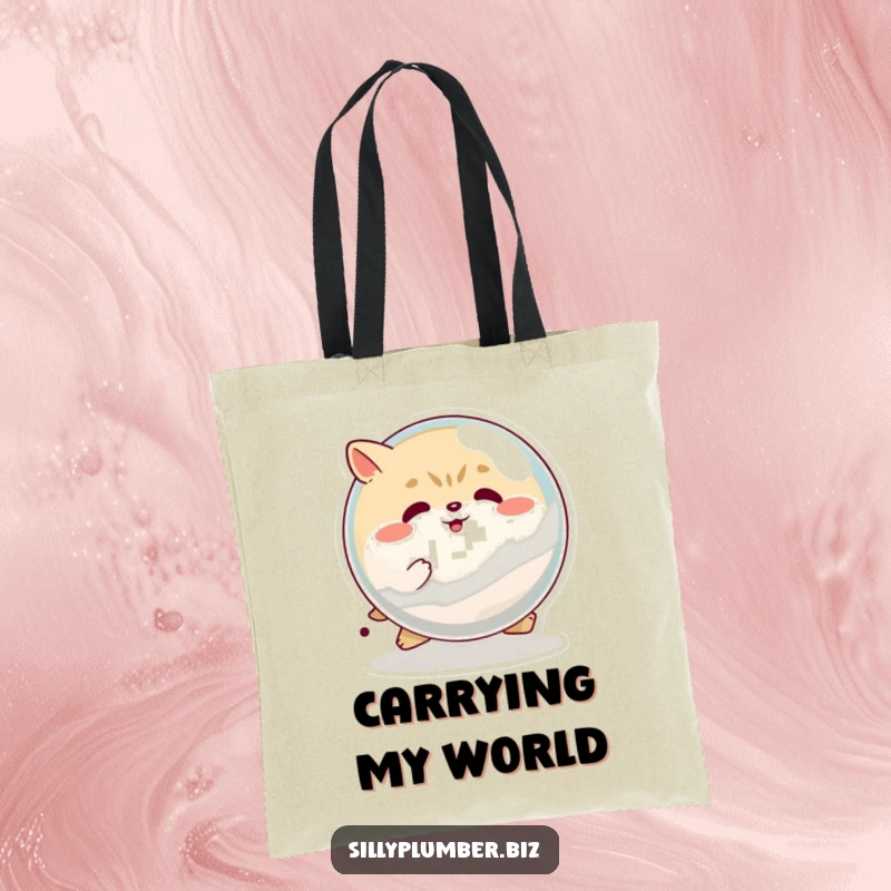 Funny tote bag featuring a determined, round animal character pushing a giant marble, ideal for carrying items with a humorous, goal-oriented flair.