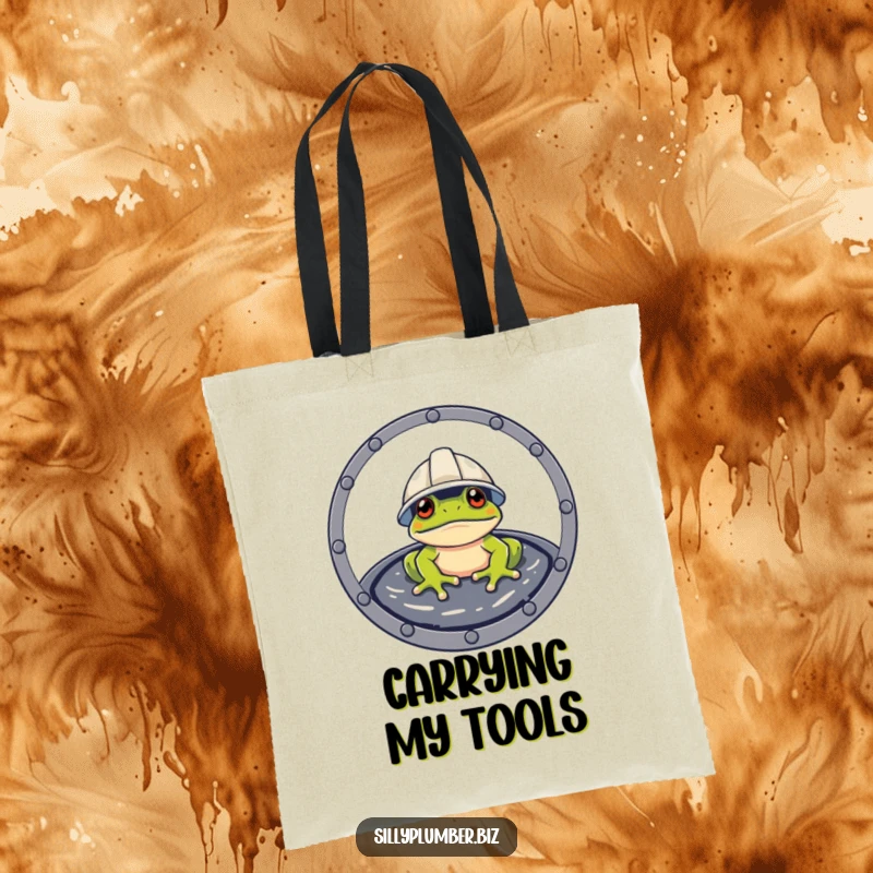 Funny Tote Bag with a frog wearing a hard hat, emerging from a manhole cover.
