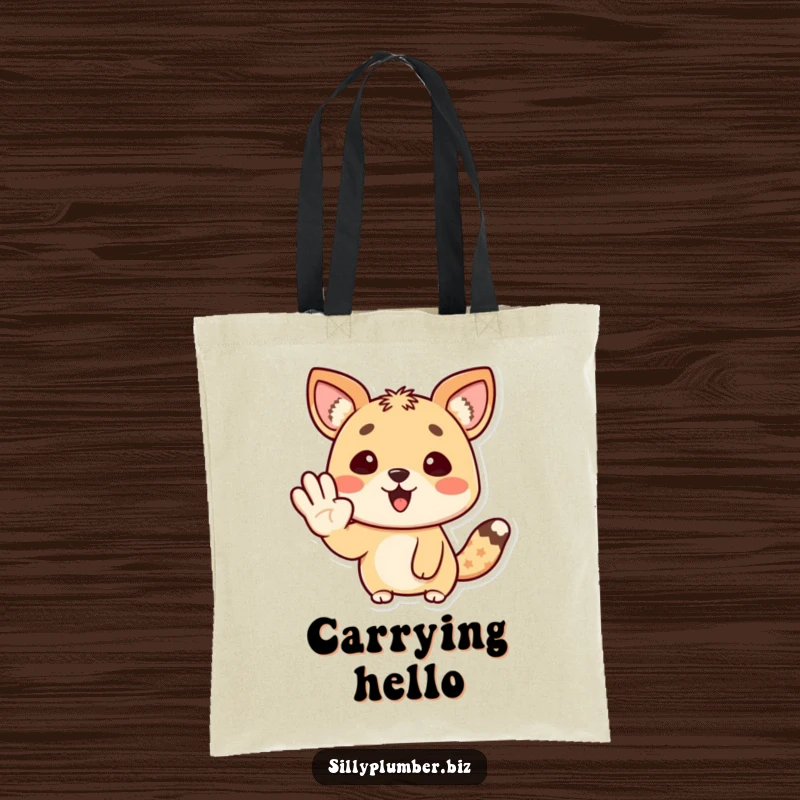 Funny Tote Bag showcasing a happy animal character giving a cheerful wave with its paw, a symbol of friendliness.