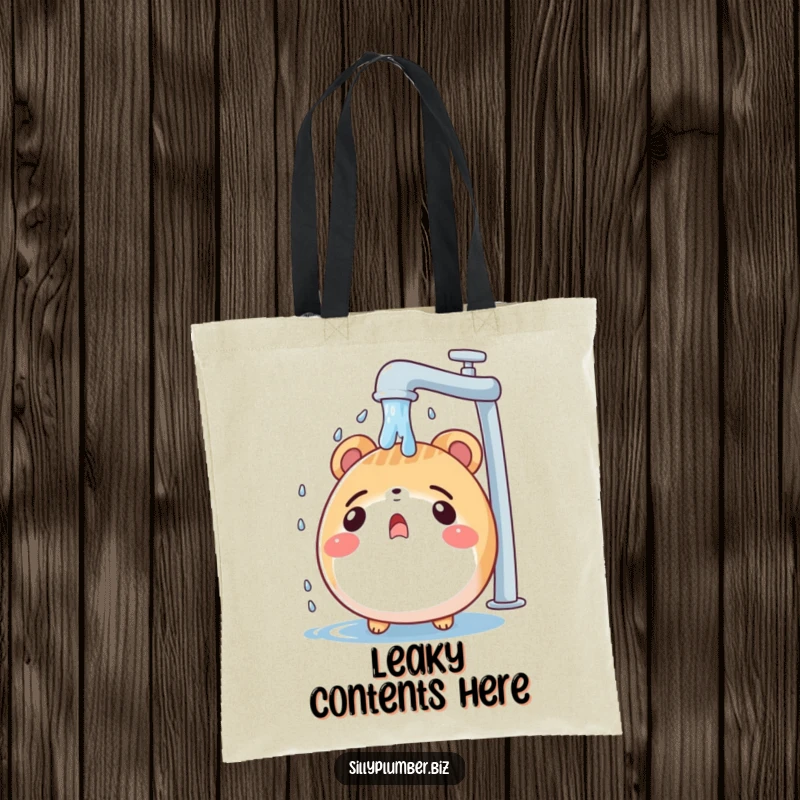 Funny tote bag featuring a surprised, round animal character being showered by a leaky faucet, ideal for carrying items with a humorous, water-themed twist.