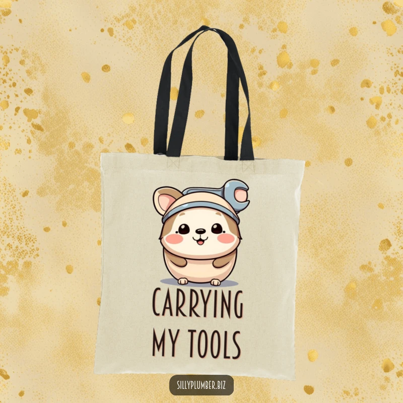 Funny tote bag featuring a happy, round animal character wearing a tiny wrench as a hat, ideal for carrying items with a tool-themed flair.